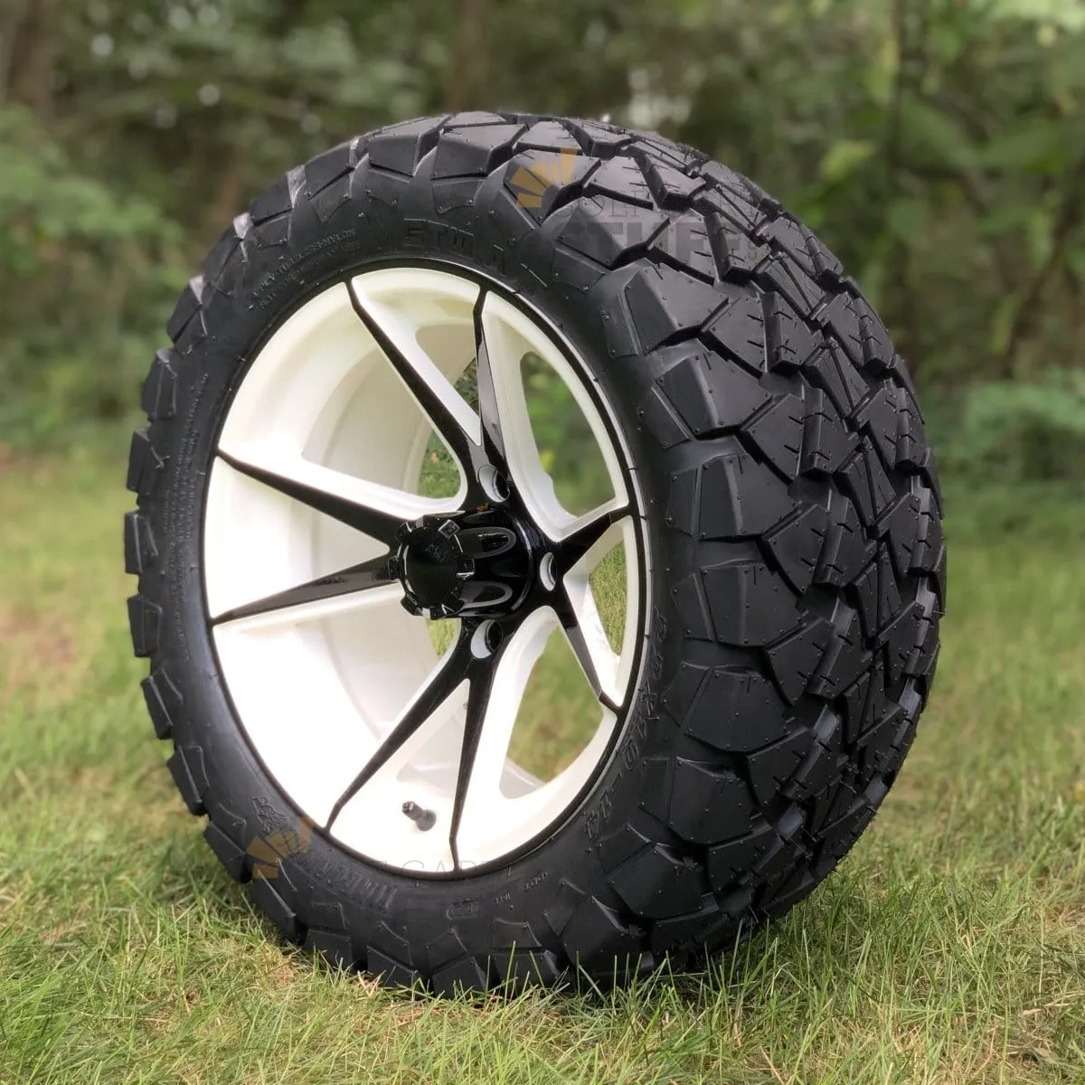 14" Apollo White/Black Aluminum Golf Cart Wheels and 22x10-14 Timberwolf DOT All Terrain Off-Road Golf Cart Tires Combo- Set of 4