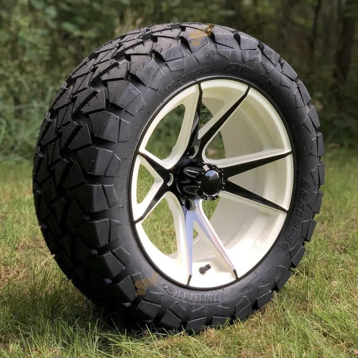 14" Apollo White/Black Aluminum Golf Cart Wheels and 22x10-14 Timberwolf DOT All Terrain Off-Road Golf Cart Tires Combo- Set of 4