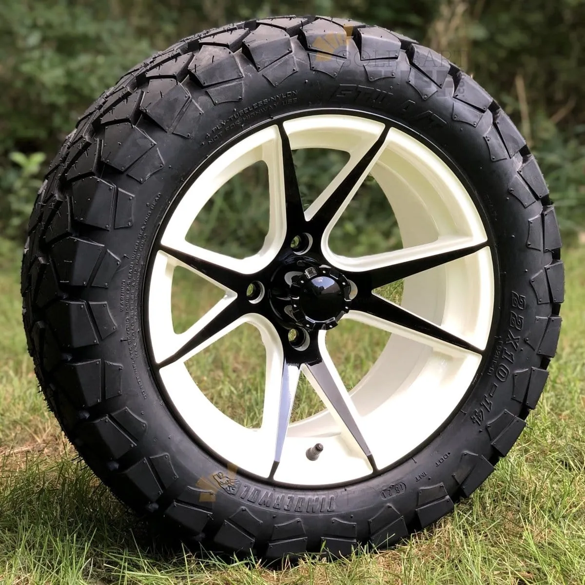 14" Apollo White/Black Aluminum Golf Cart Wheels and 22x10-14 Timberwolf DOT All Terrain Off-Road Golf Cart Tires Combo- Set of 4