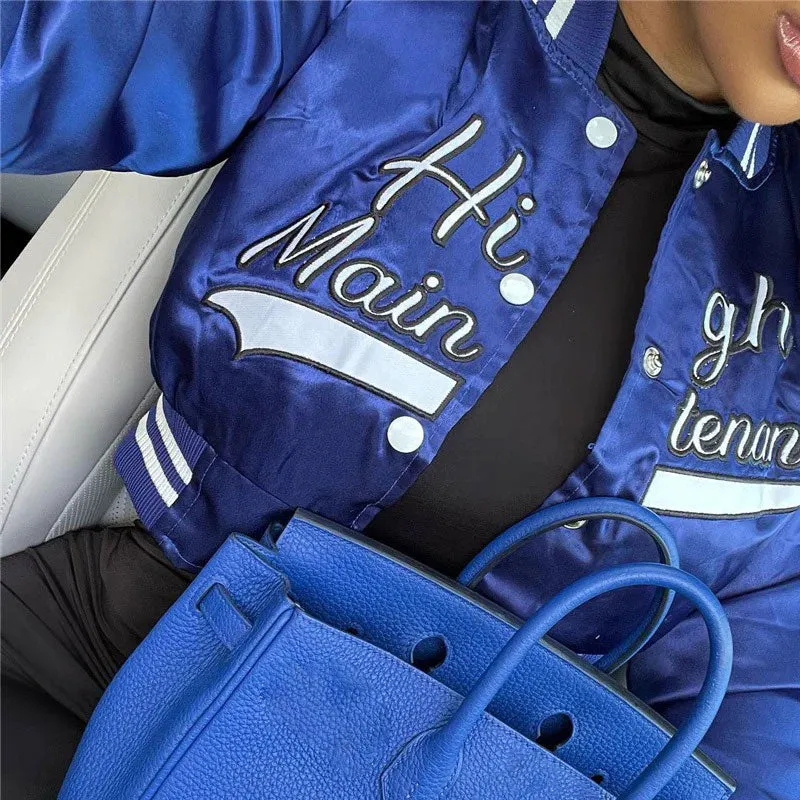 Active Letter Print Button Up Cropped Varsity Bomber Jacket - Royal Blue