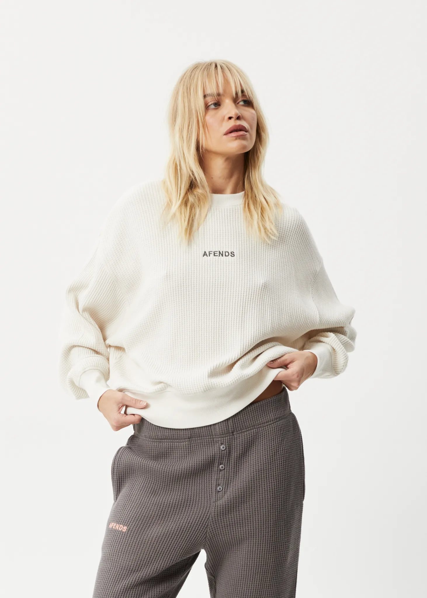 AFENDS Womens Ari - Waffle Crew Neck Jumper - Off White