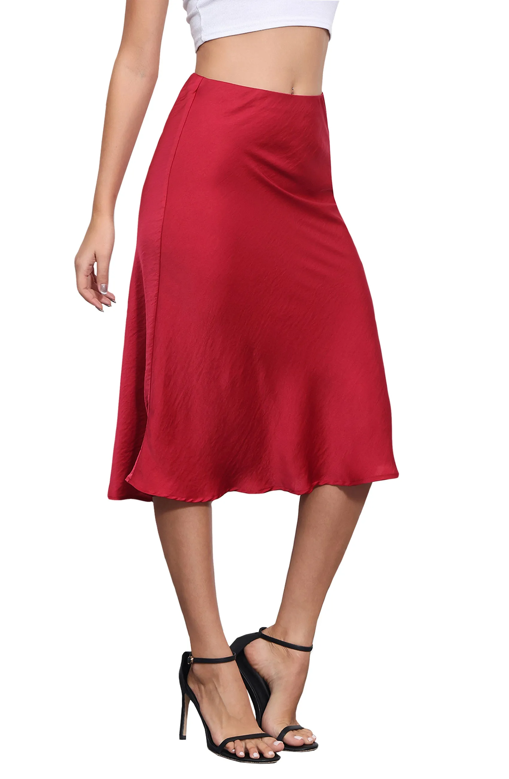 ALCEA ROSEA Womens Midi Satin Silky Skirt Elastic High Waisted A-line Elegant Wedding Skirts Red AR7302