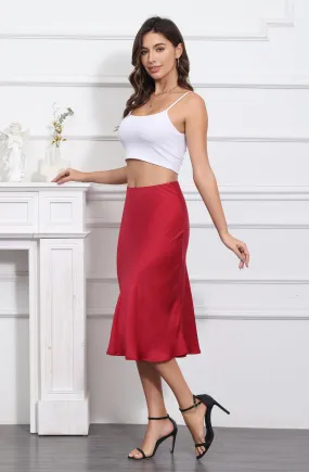 ALCEA ROSEA Womens Midi Satin Silky Skirt Elastic High Waisted A-line Elegant Wedding Skirts Red AR7302