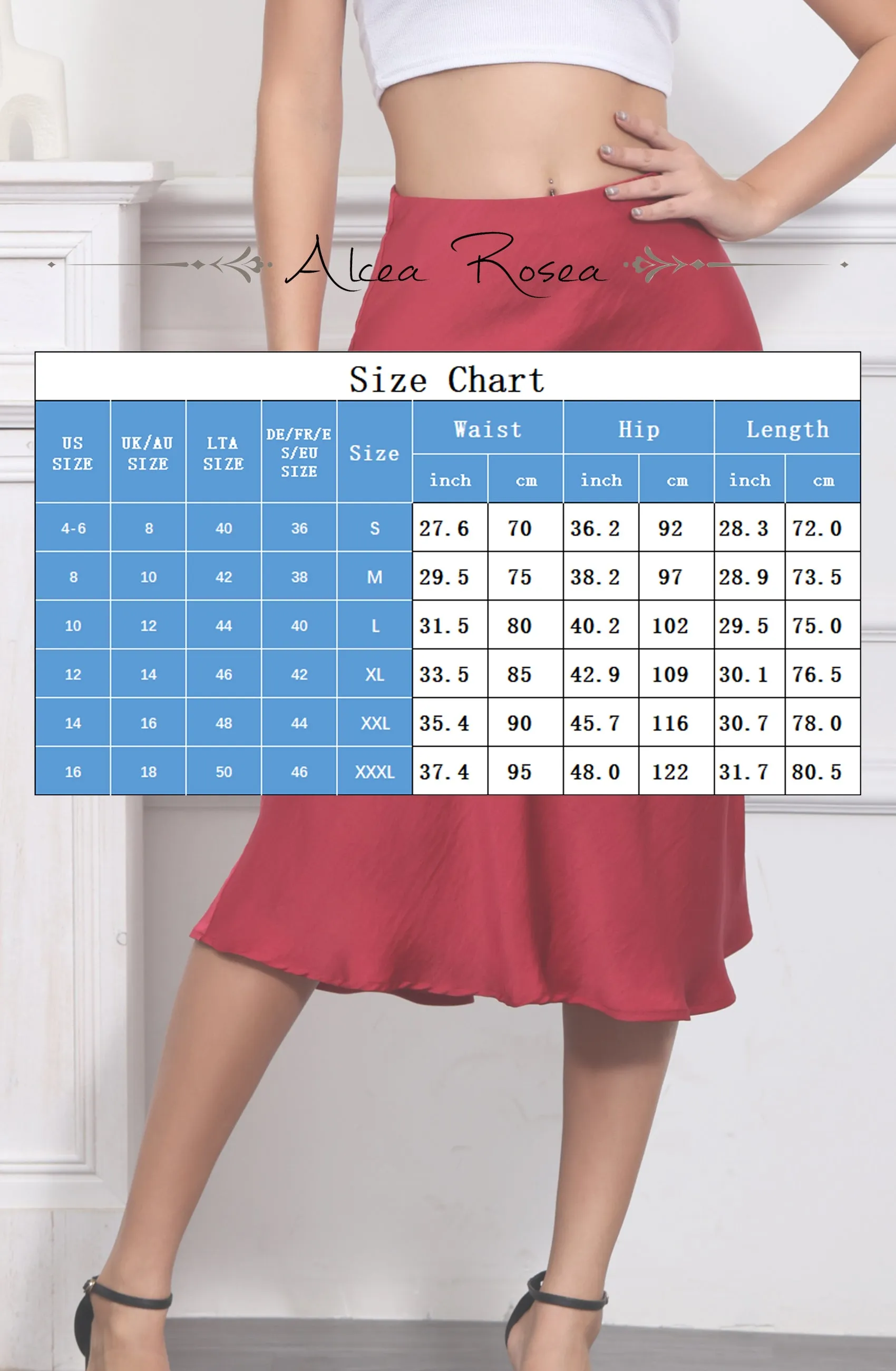 ALCEA ROSEA Womens Midi Satin Silky Skirt Elastic High Waisted A-line Elegant Wedding Skirts Red AR7302