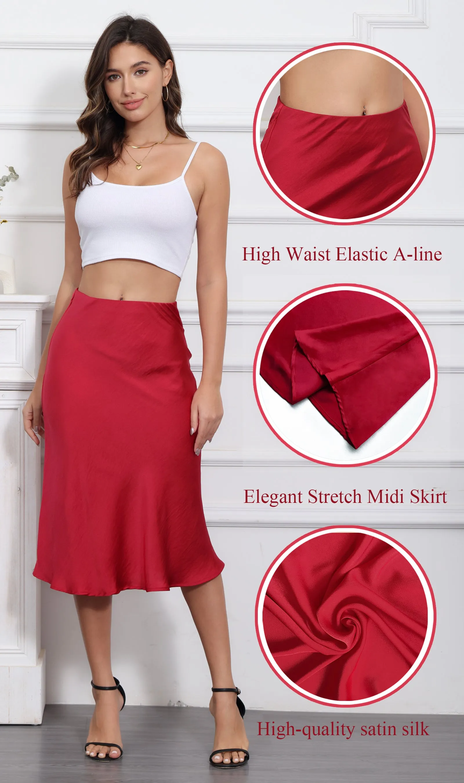 ALCEA ROSEA Womens Midi Satin Silky Skirt Elastic High Waisted A-line Elegant Wedding Skirts Red AR7302