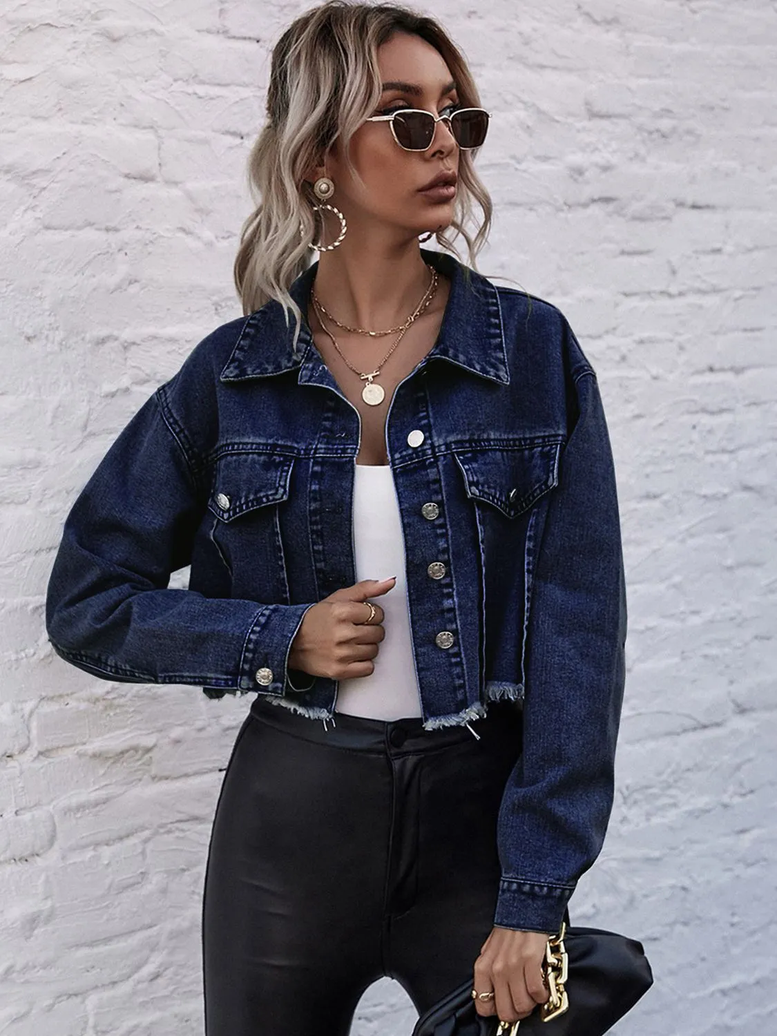 *APP EXCLUSIVE* Cropped Collared Neck Raw Hem Denim Jacket