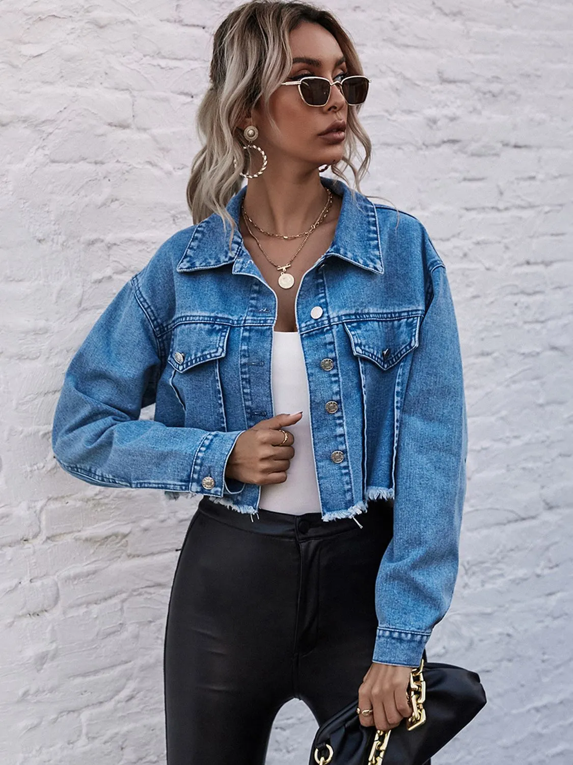 *APP EXCLUSIVE* Cropped Collared Neck Raw Hem Denim Jacket