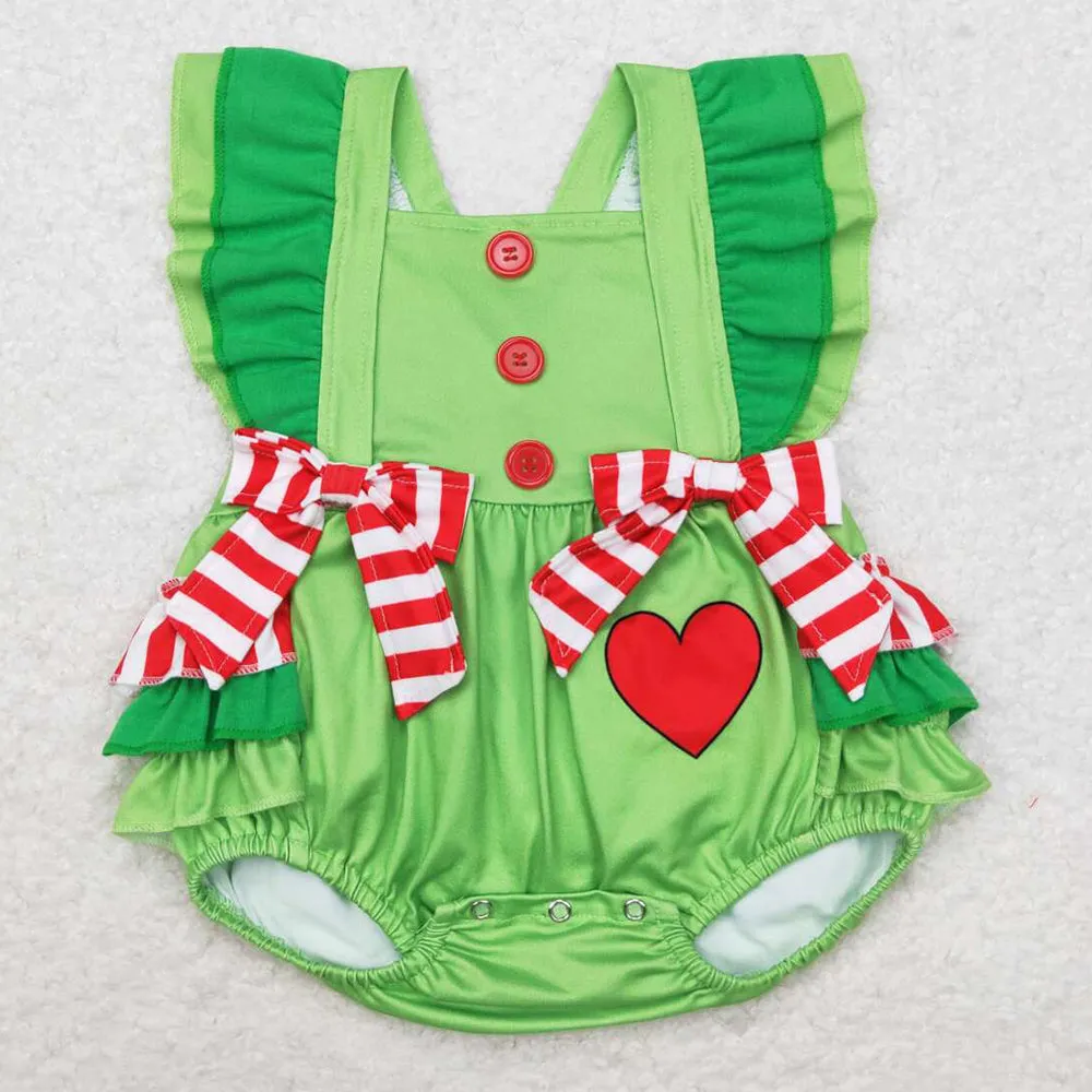 Baby Infant Girls Rompers Christmas Green Hearts Ruffles Rompers SR1912