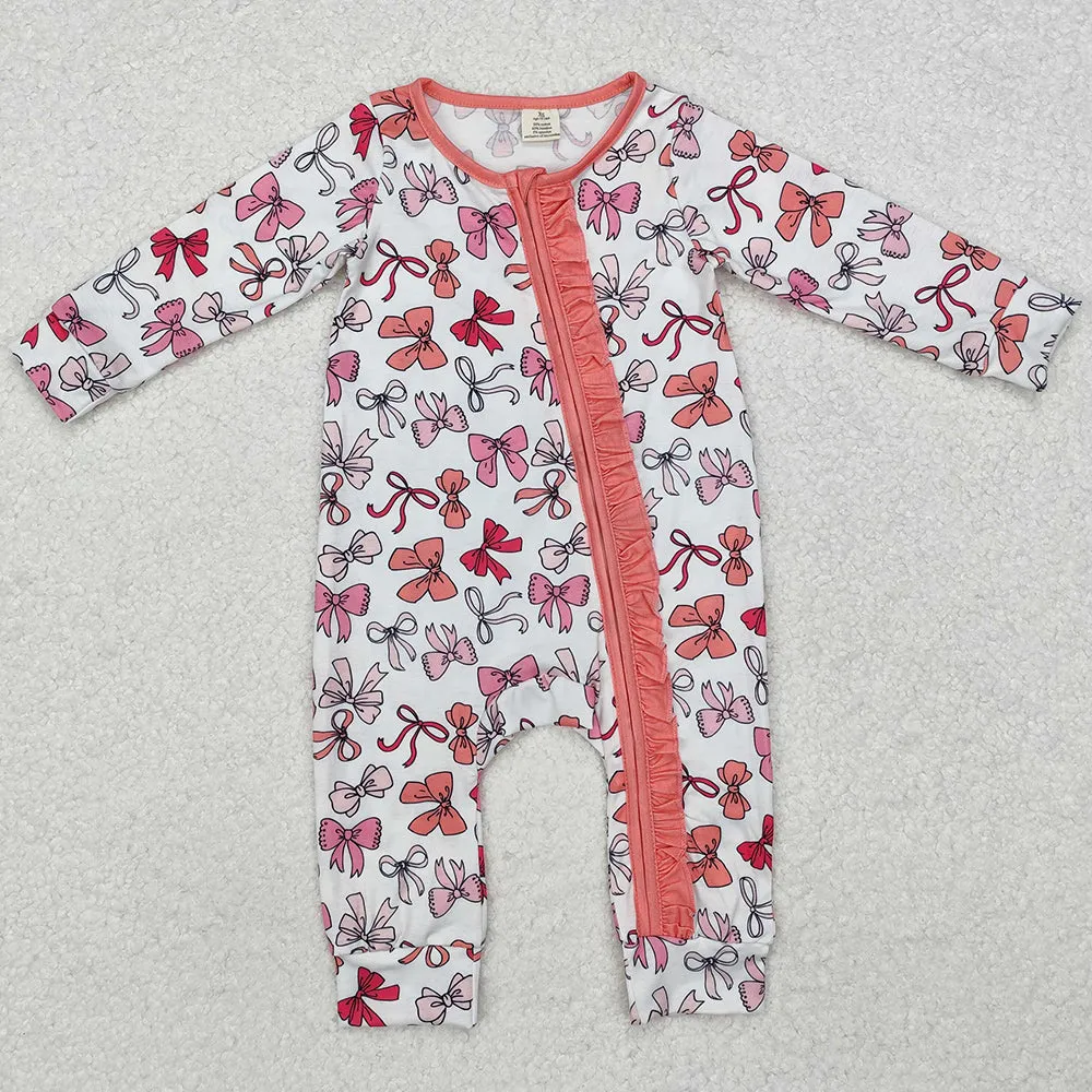 Baby Infant Girls Rompers Valentines Pink Bows Zip Bamboo Rompers LR1905