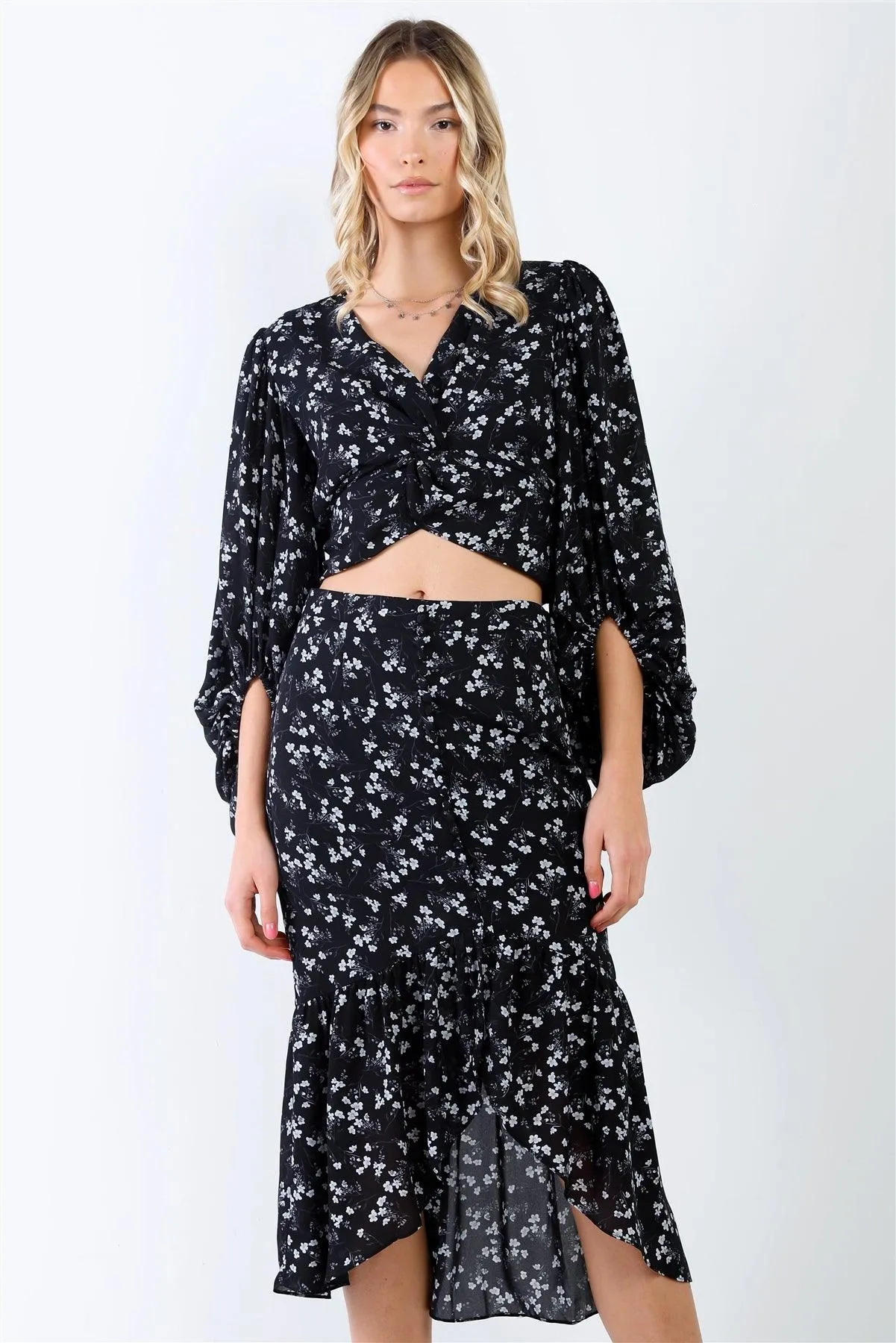 Black & White Floral Twist Detail Puff Balloon Midi Sleeve Top & Button Up Ruffle Hem High-Low Midi Skirt Set /2-1-1