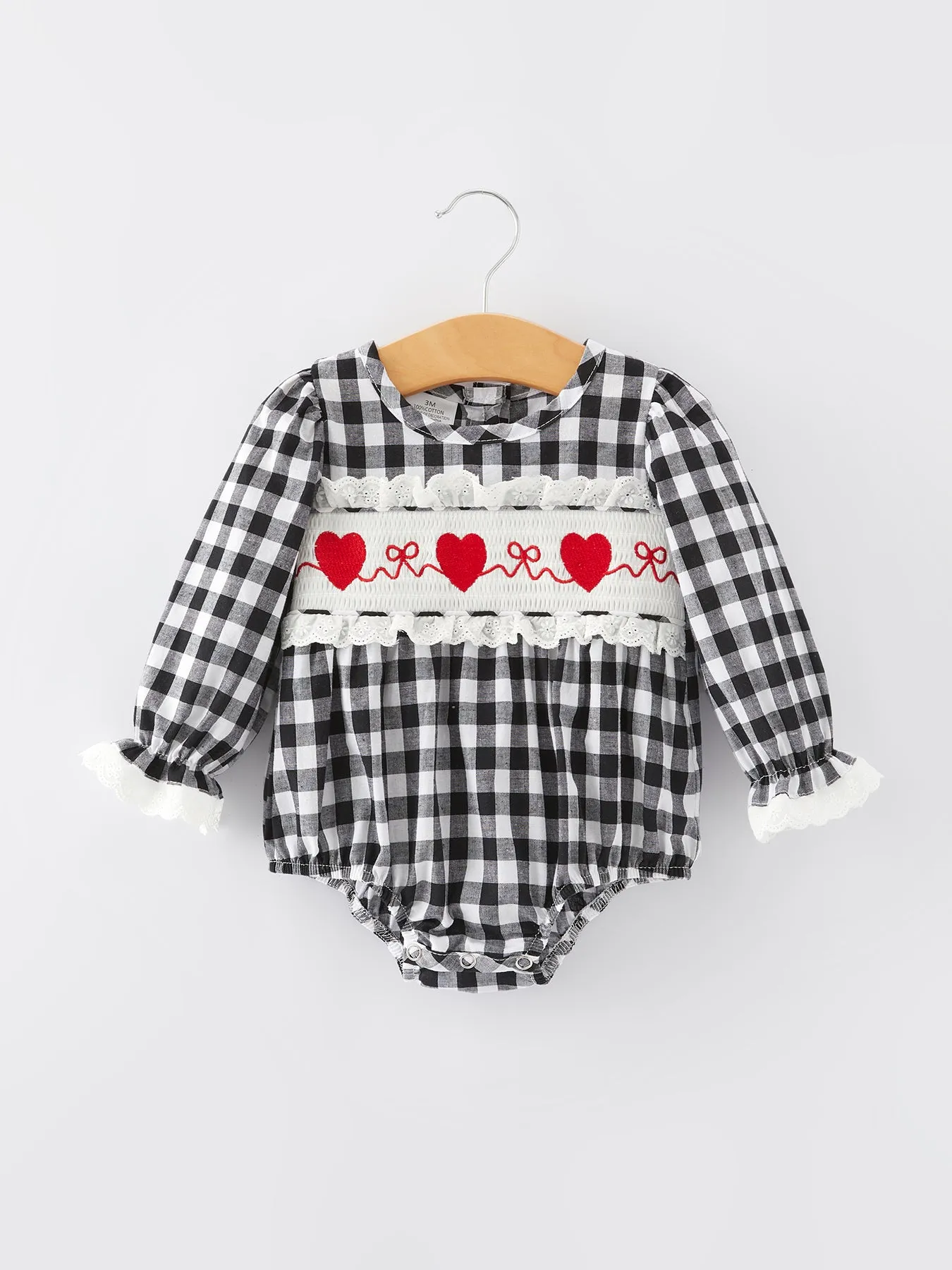 Black and white Plaid Smocking Embroidery Long Sleeve Girls Romper