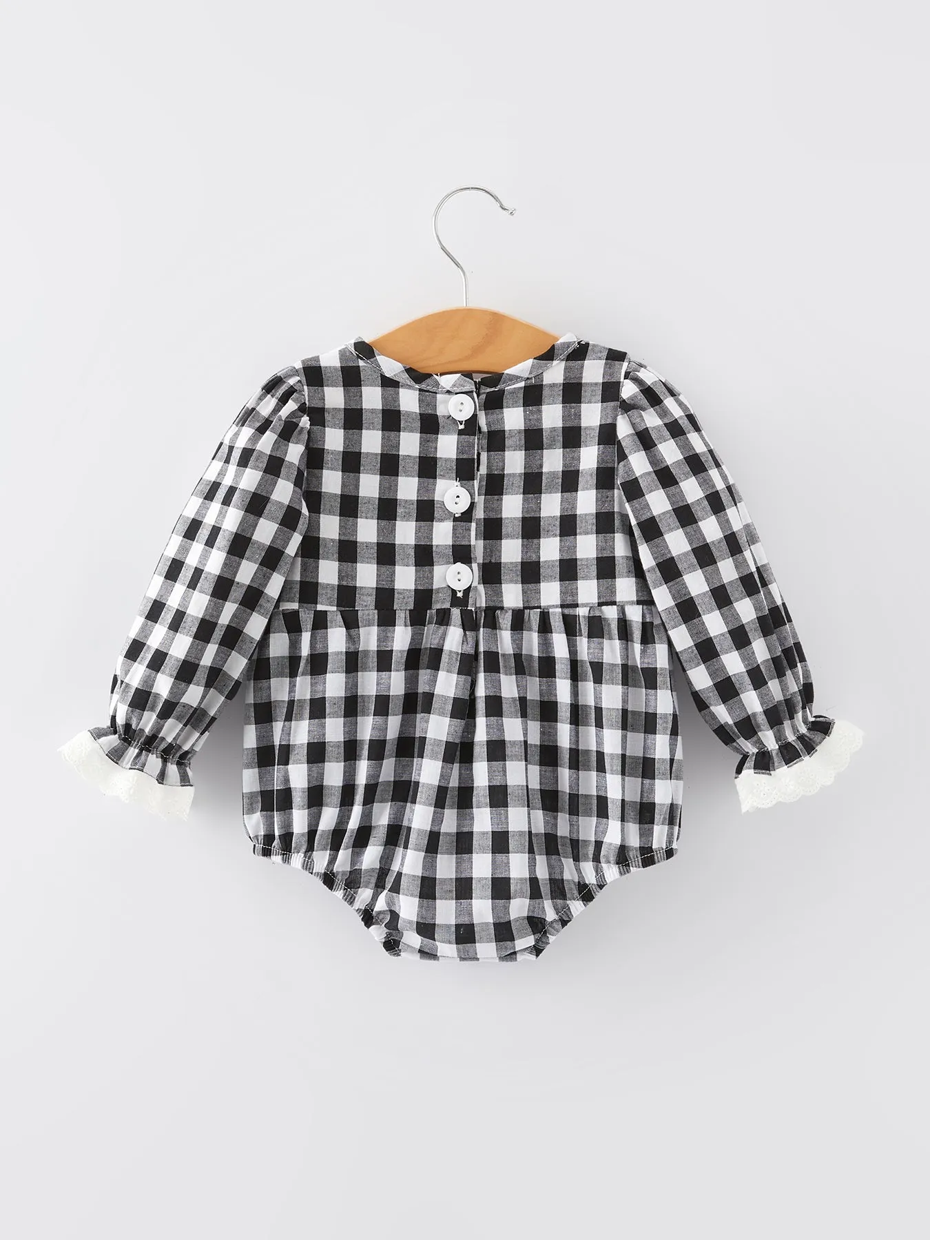 Black and white Plaid Smocking Embroidery Long Sleeve Girls Romper