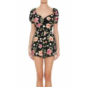 Black Floral Self Tie Open Back Puff Sleeve Romper