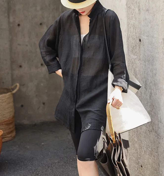 Black Loose light Ramie Shirts Long Sleeve Women Linen Blouse 64707