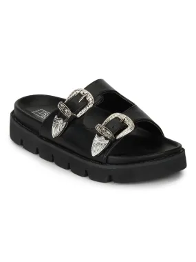 Black PU Double Buckle Strap Slip-On Cleated Flats