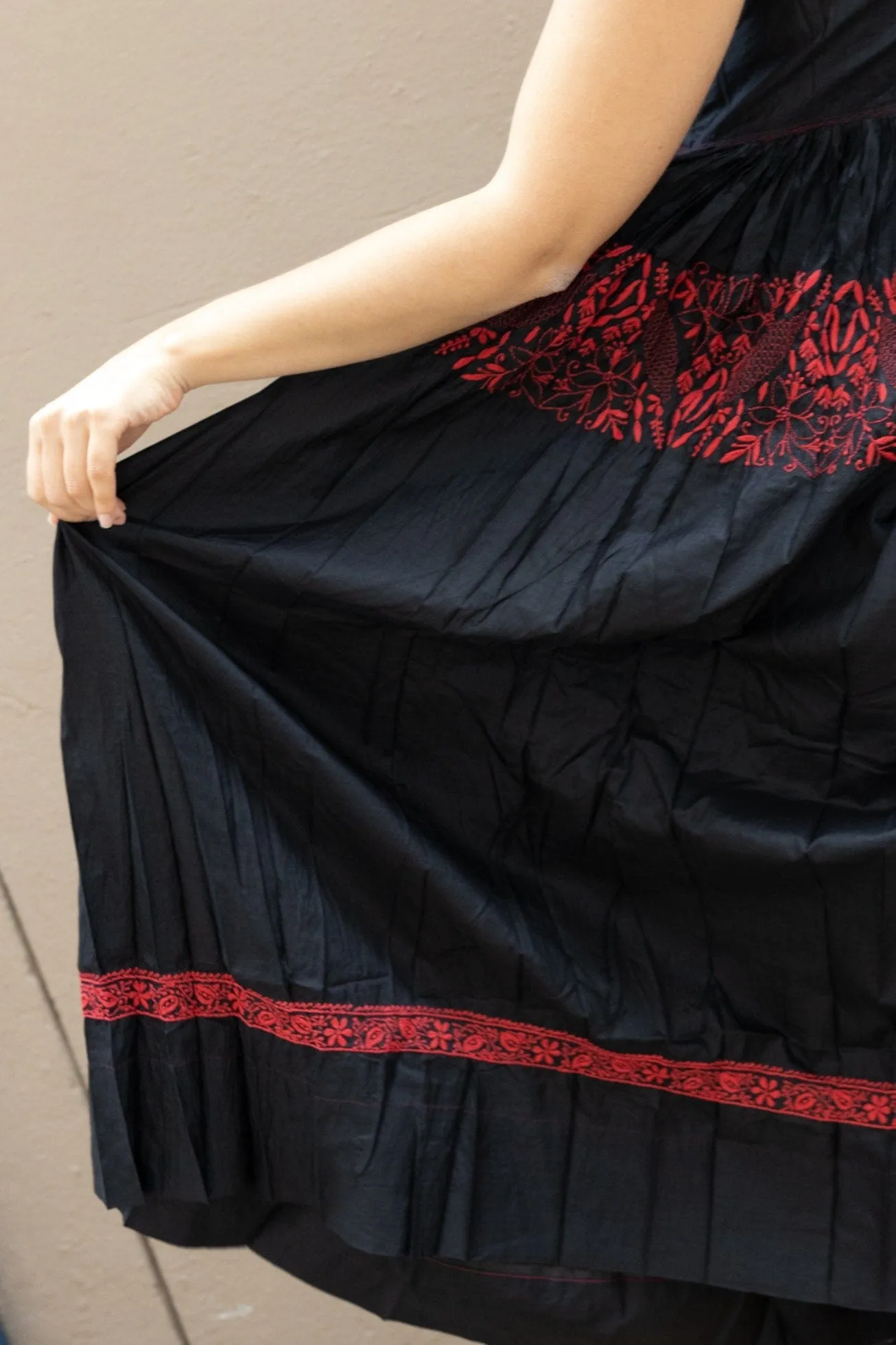 Black Silk Dress with Red Hand-Embroideries