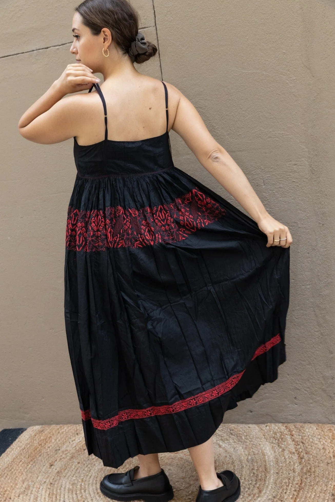 Black Silk Dress with Red Hand-Embroideries