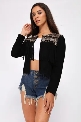 Black Suede Aztec Tassel Cropped Jacket