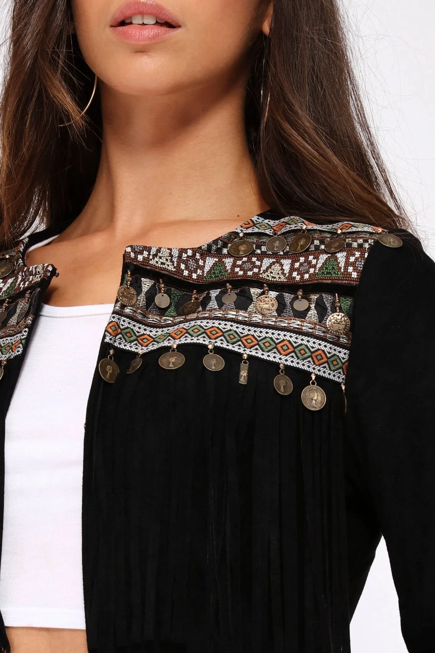 Black Suede Aztec Tassel Cropped Jacket