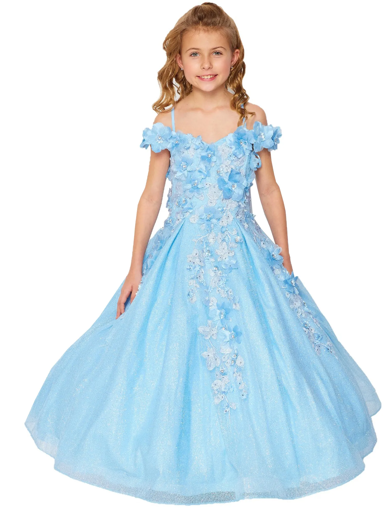 Bliss Big Girls Blue 3D Floral Applique Off Shoulder Ball Gown 8-16