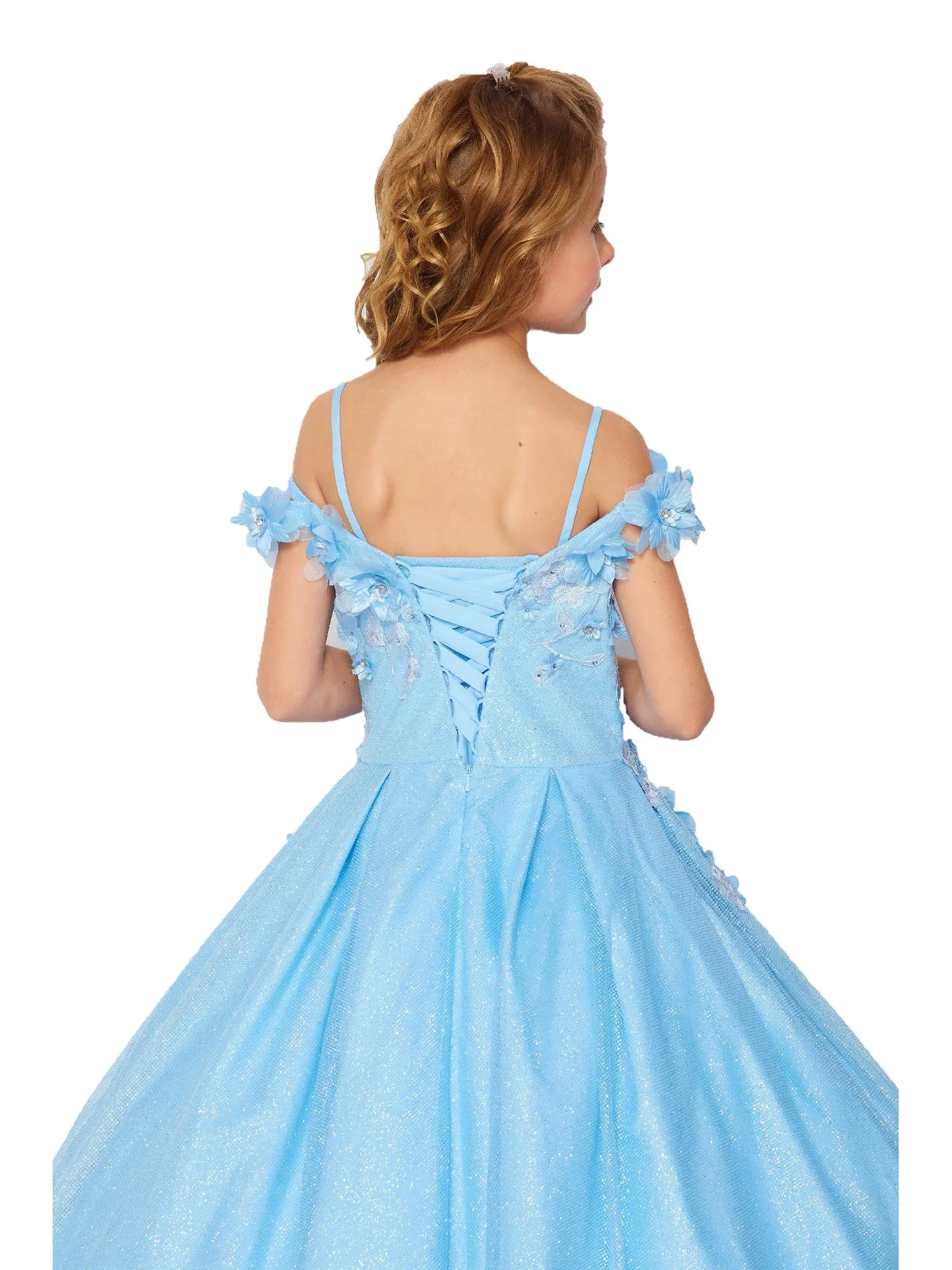 Bliss Big Girls Blue 3D Floral Applique Off Shoulder Ball Gown 8-16