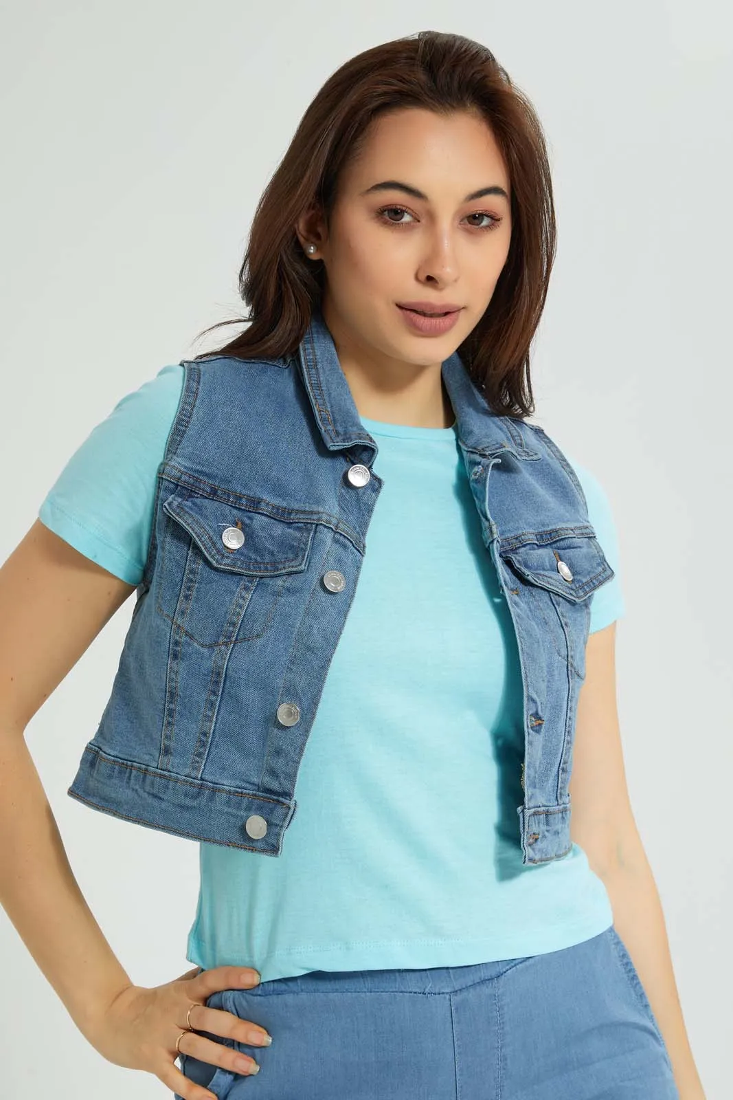 Blue Cropped Sleeveless Jacket