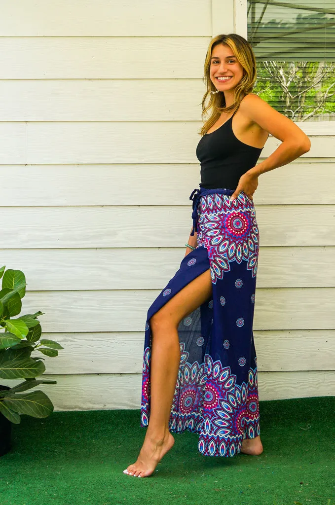 Blue Floral Mandala Palazzo Wrap Pants