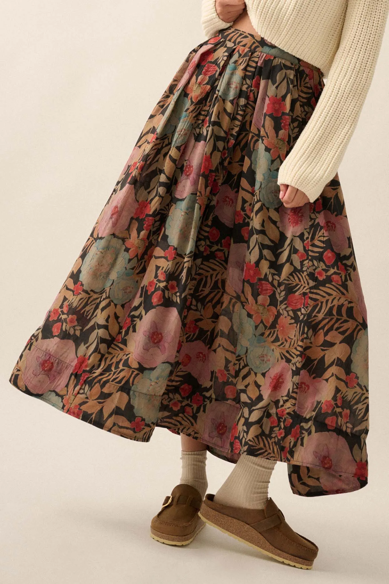 Boho Garden Pleated Floral Maxi Circle Skirt