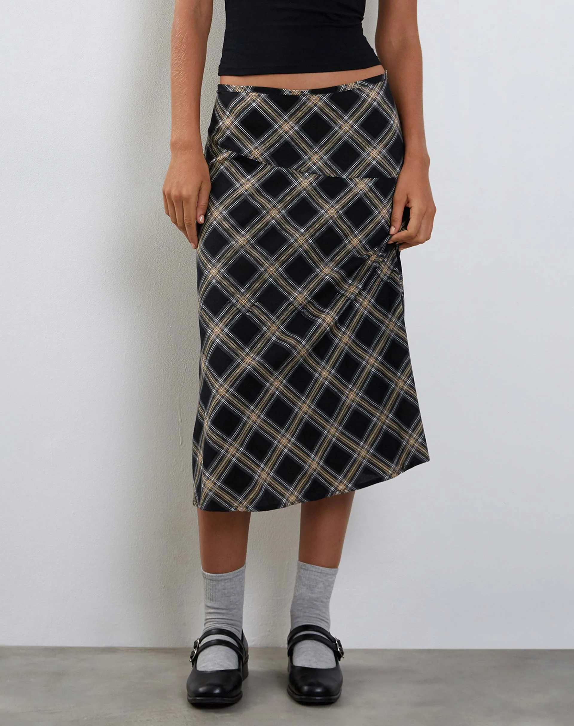 Brella Midi Skirt in Black and Grey Check