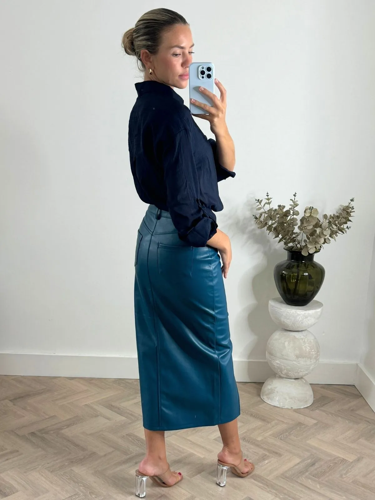 Brielle Pu Midi Skirt in Teal