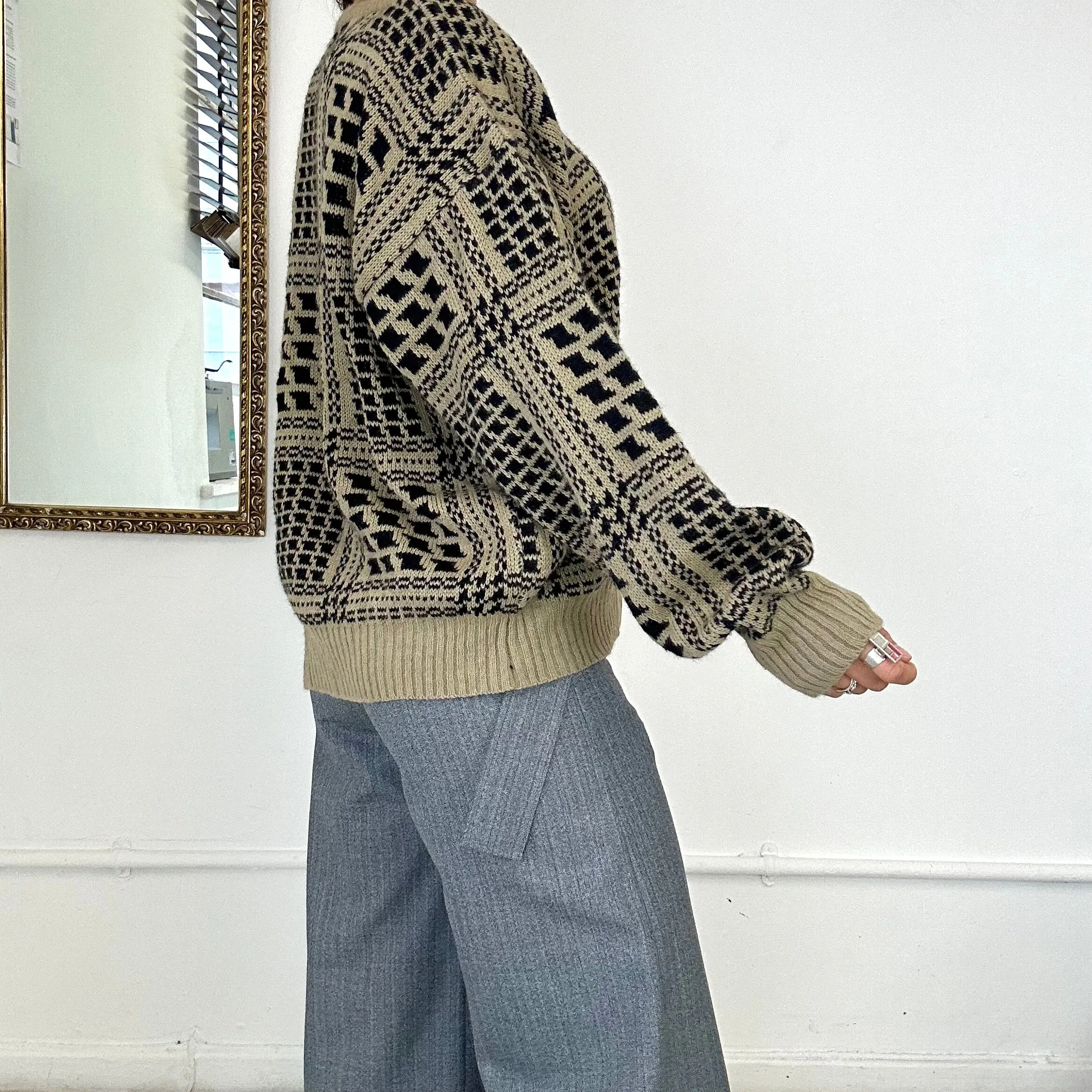 brown lambs wool patterned knitted jumper