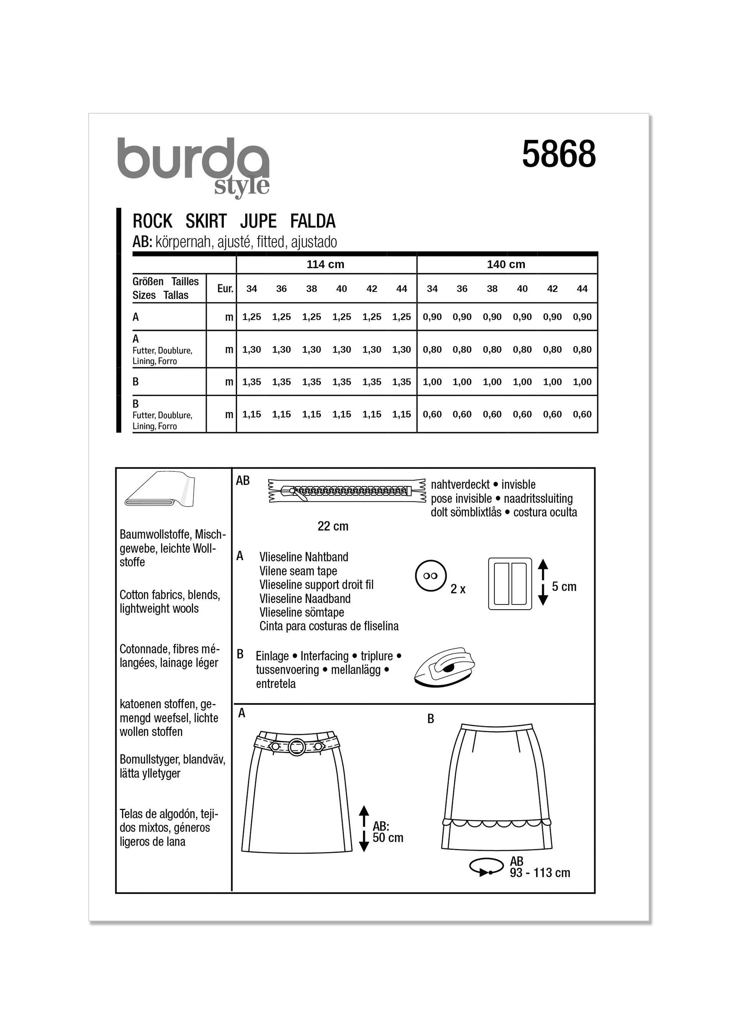 Burda Sewing Pattern 5868 Misses' Skirt