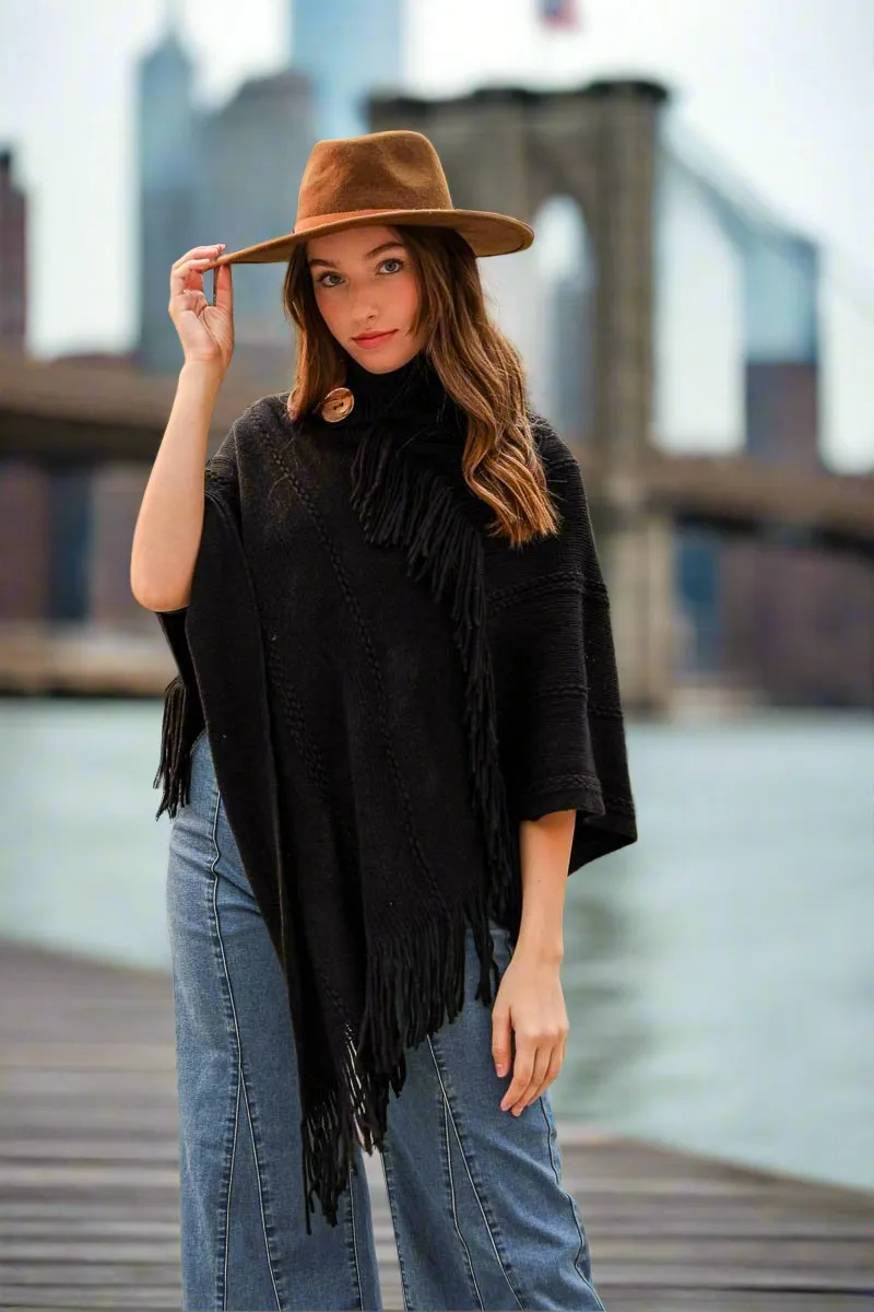 Button Neck Fringe Poncho