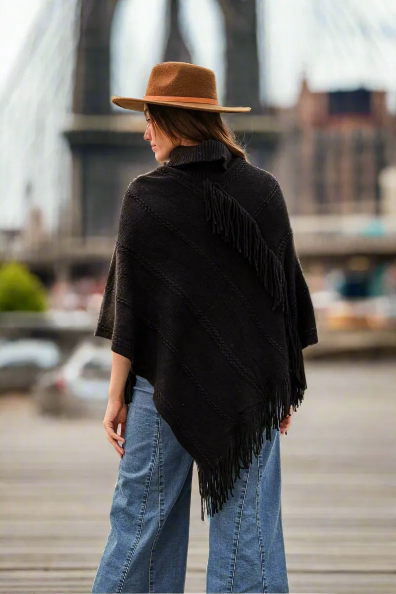 Button Neck Fringe Poncho