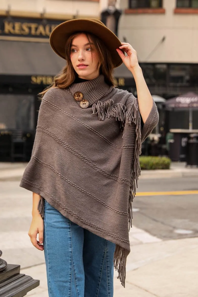 Button Neck Fringe Poncho