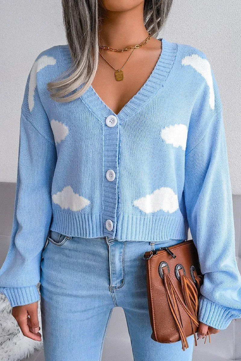 BUTTON UP CLOUD PRINTING SHORT LENGTH CARDIGAN