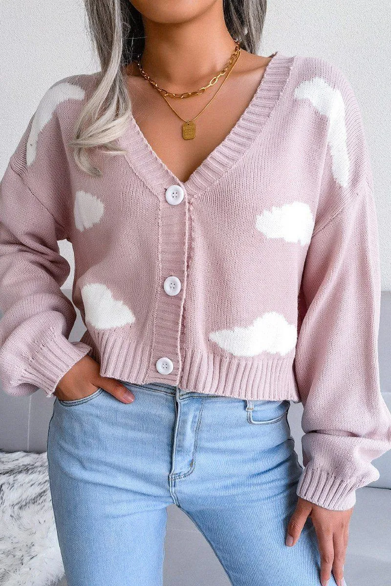 BUTTON UP CLOUD PRINTING SHORT LENGTH CARDIGAN