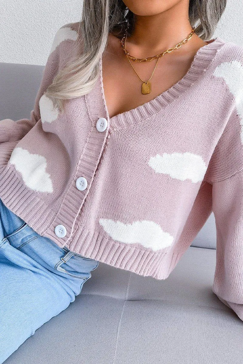 BUTTON UP CLOUD PRINTING SHORT LENGTH CARDIGAN