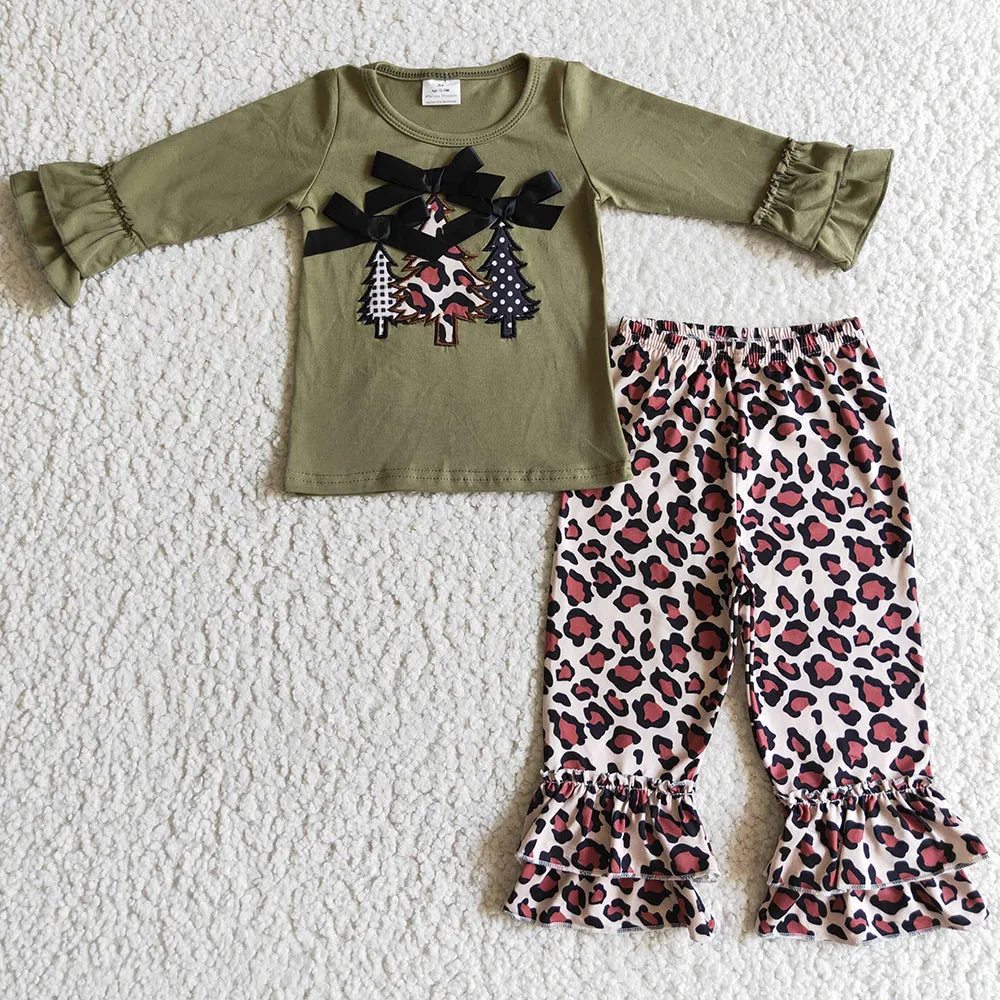 Christmas Tree Embroidery Girls Clothes Set Boutique Fall Winter Girls Outfits GLP0231