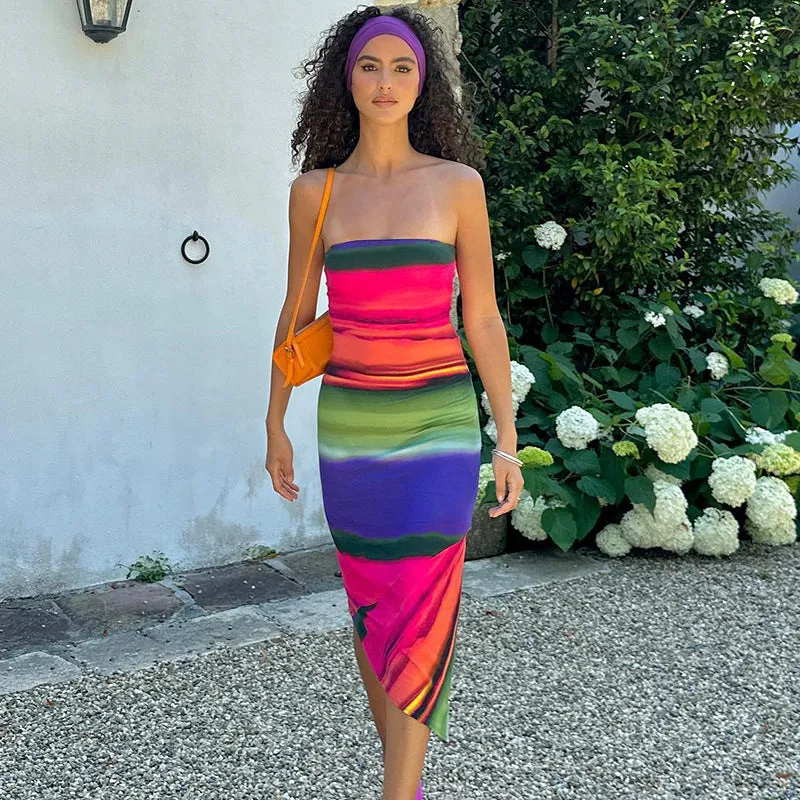 Colorful and Sexy Off-Shoulder Asymmetrical Street-Style Midi Dress