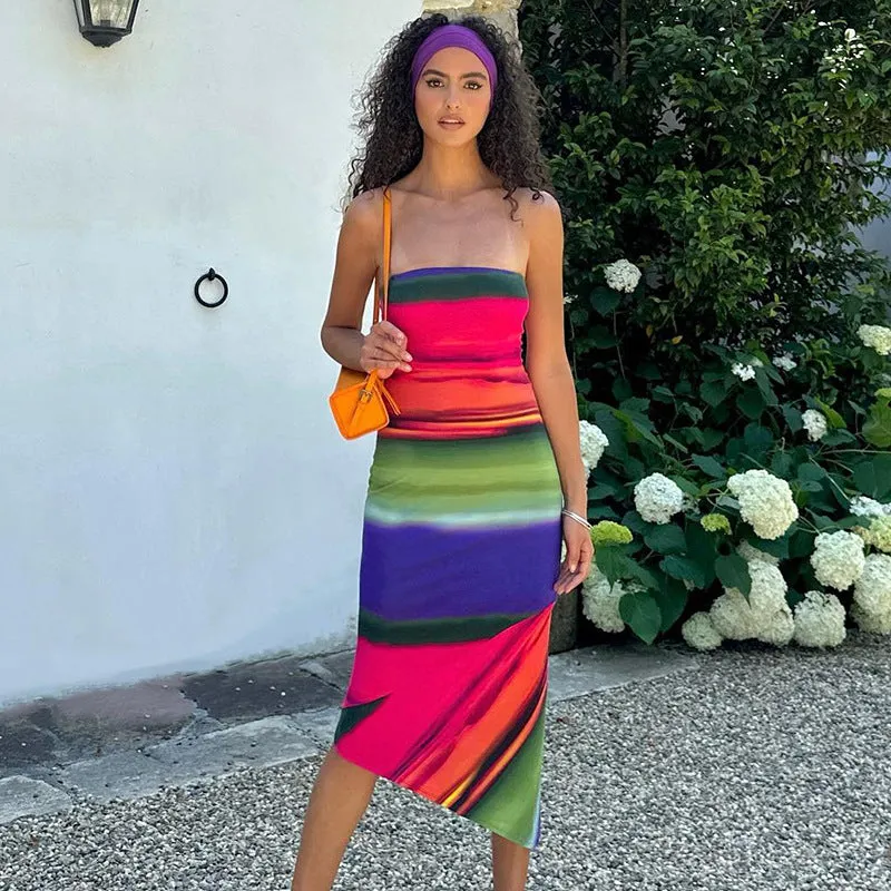 Colorful and Sexy Off-Shoulder Asymmetrical Street-Style Midi Dress