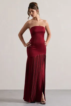 Confidence | Burgundy Satin Bandeau Pleated Split Maxi Dress