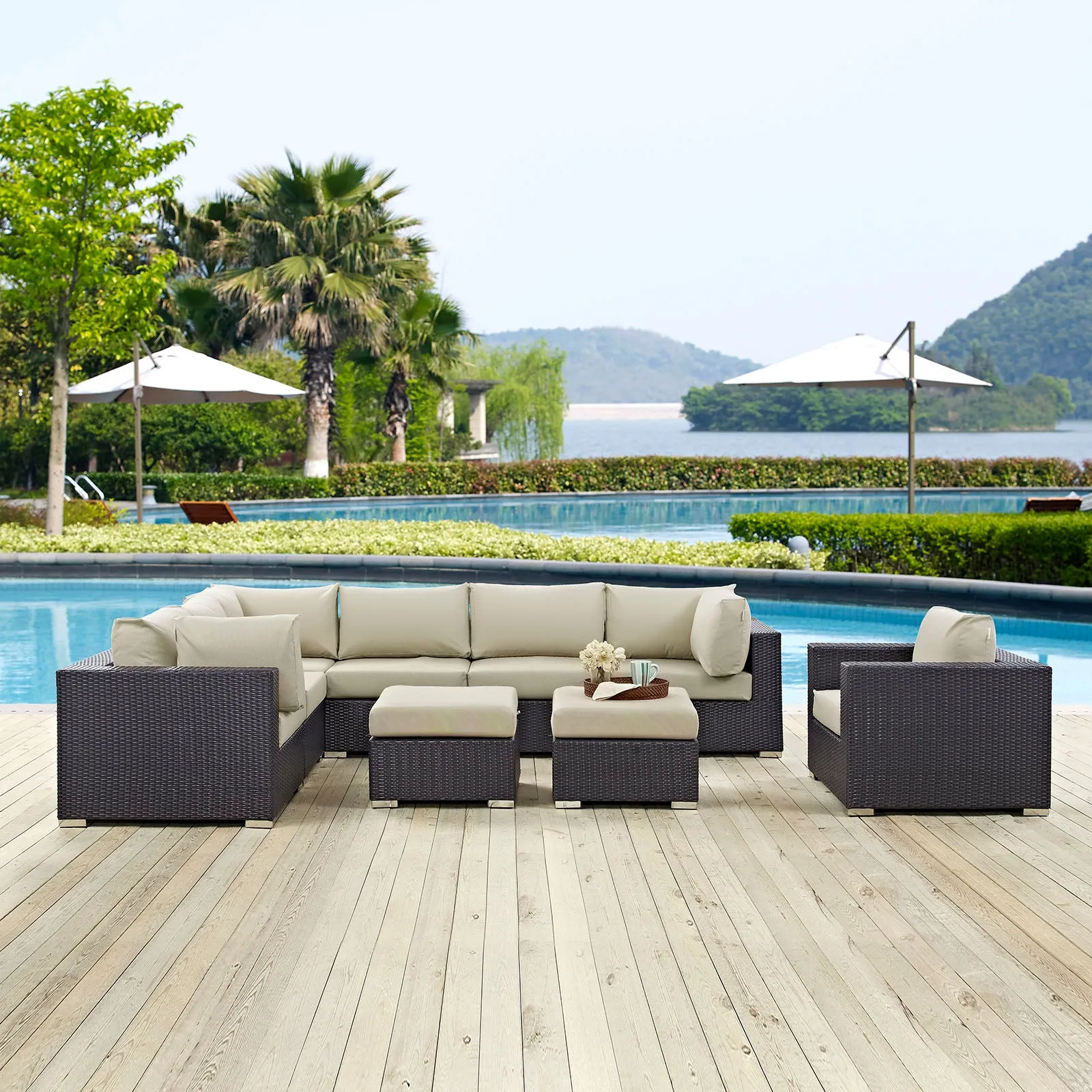 Convene 9 Piece Outdoor Patio Sectional Set Espresso Beige EEI-2208-EXP-BEI-SET