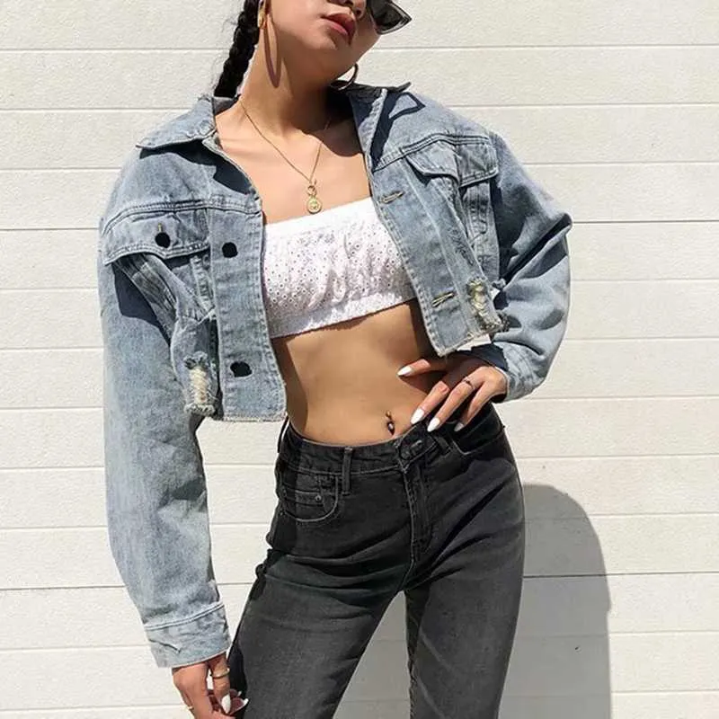 Cool Oversized Cropped Denim Jacket Womens