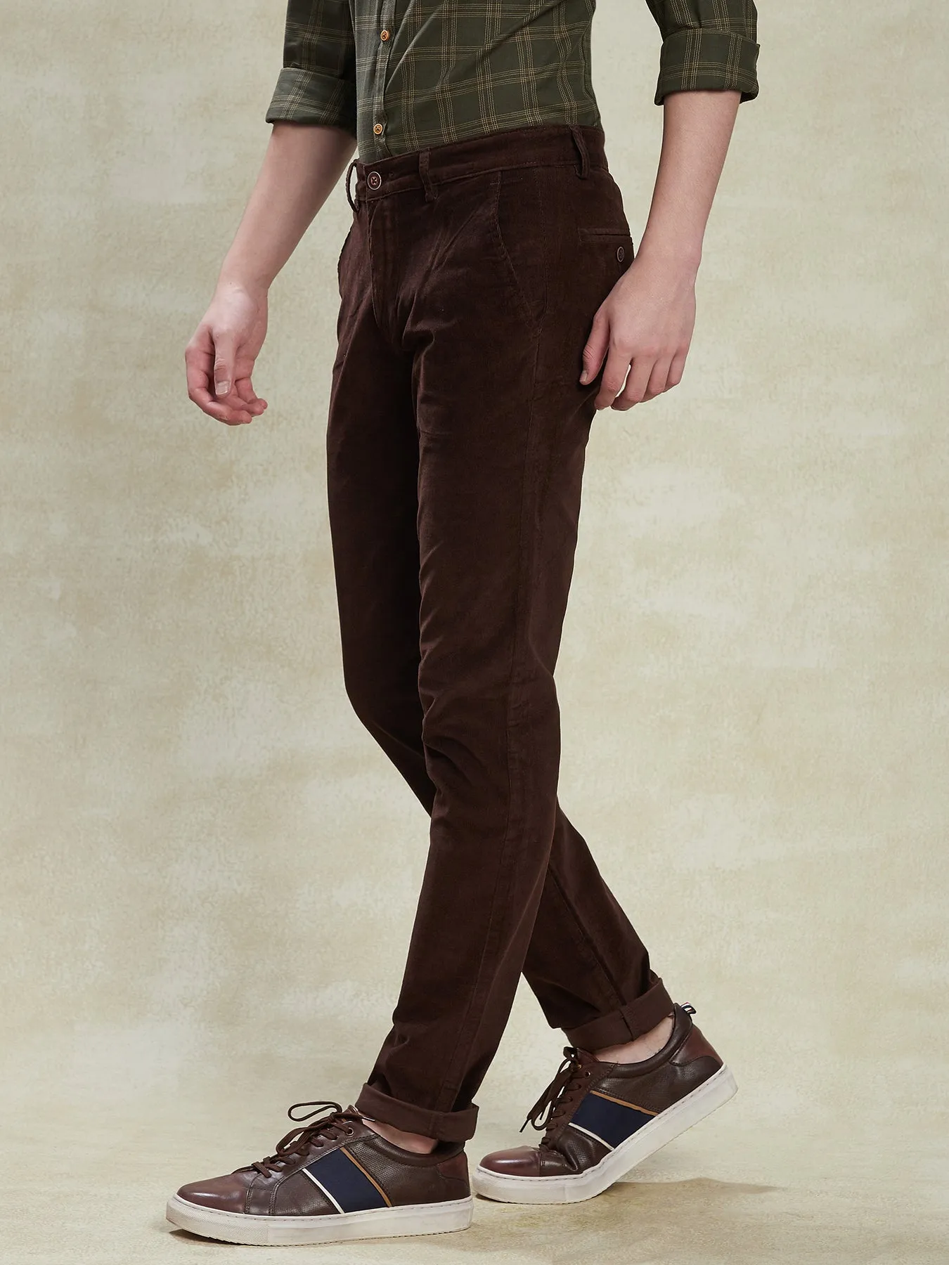 Cotton Stretch Dark Brown Self Design Ultra Slim Fit Flat Front Casual Plain Trouser