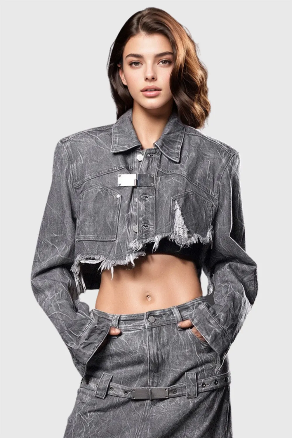 Cropped Denim Jacket with Ripped Hem - Grey