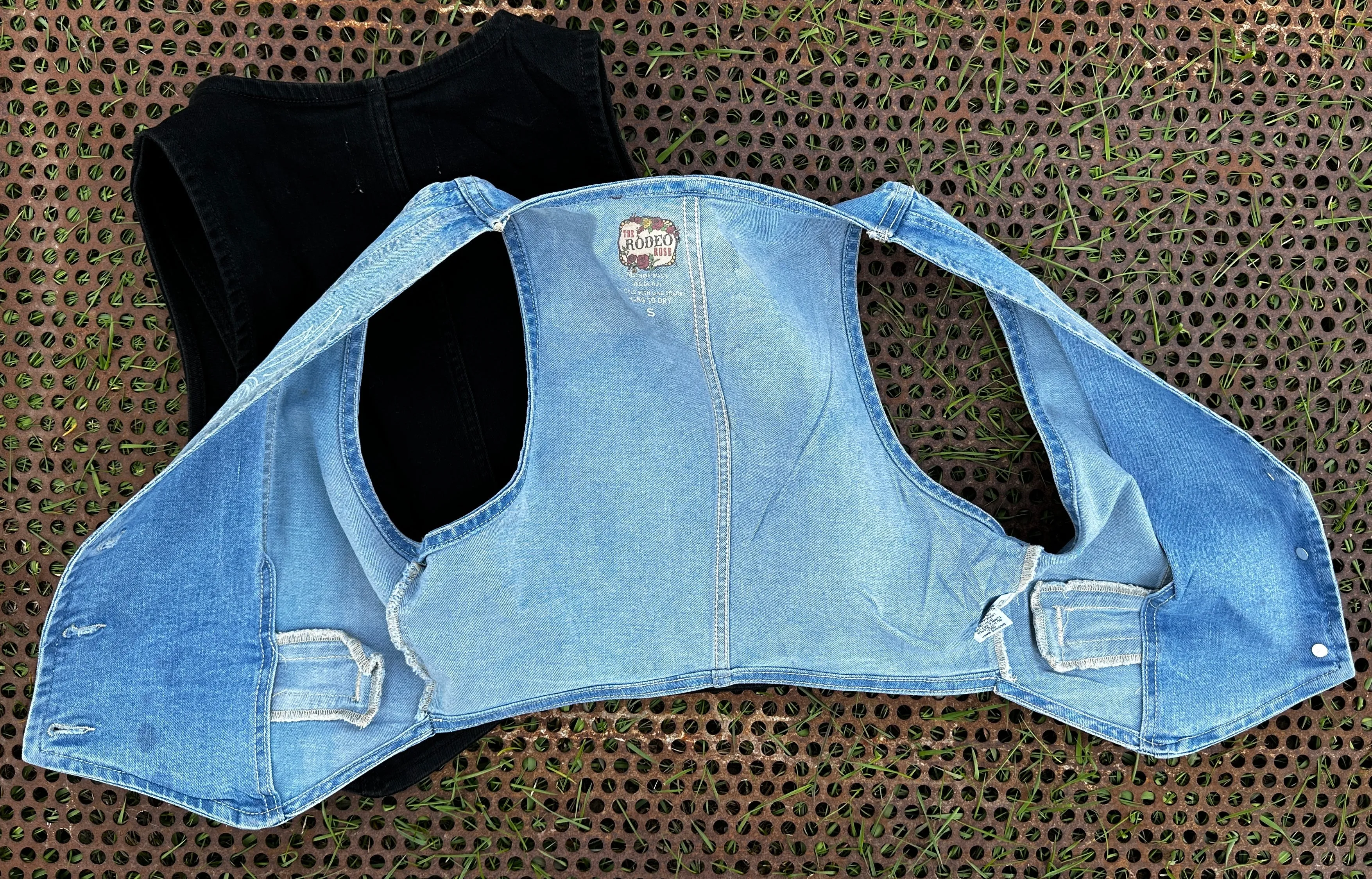 Cropped denim vest with hand tooled printed pattern