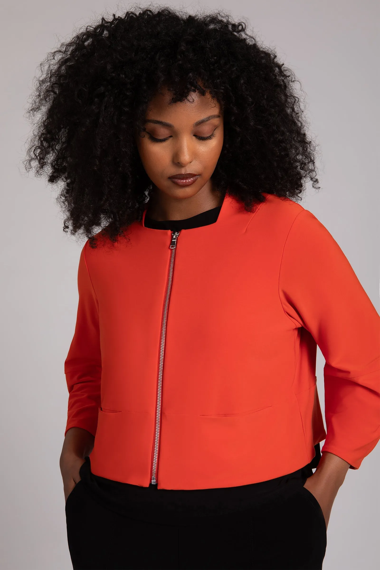 Cropped Lantern Jacket with Zip Front | Orange