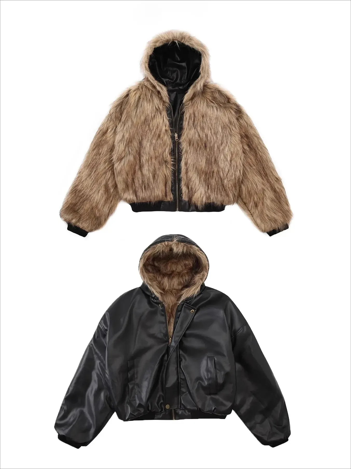 Cropped Reversible Hooded Faux Fur Jacket