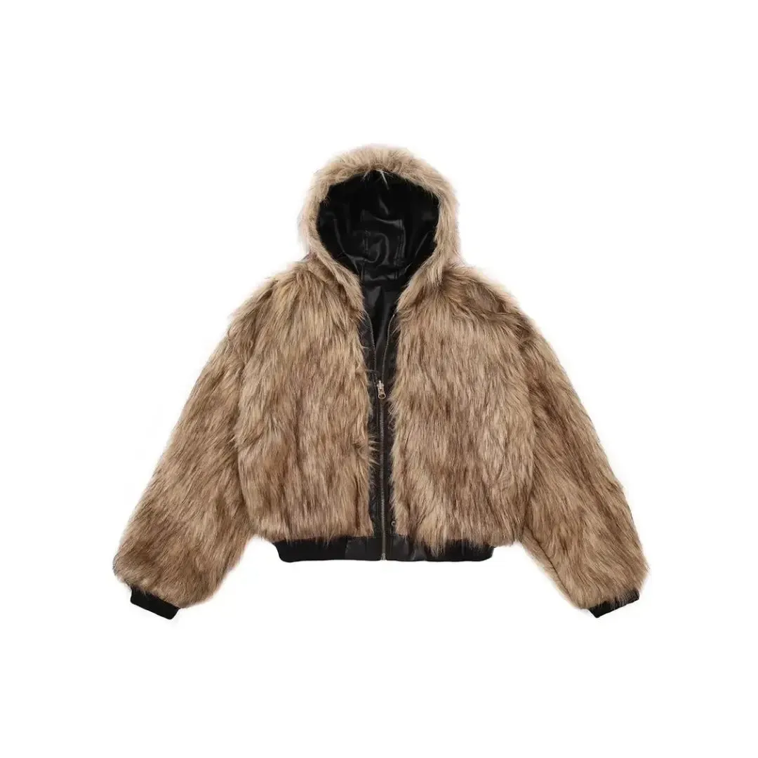 Cropped Reversible Hooded Faux Fur Jacket